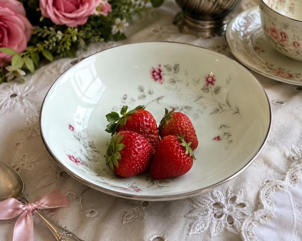 Vintage Canonsburg Floral Rose Bowl Silver Trim Pink Gray Flowers USA
